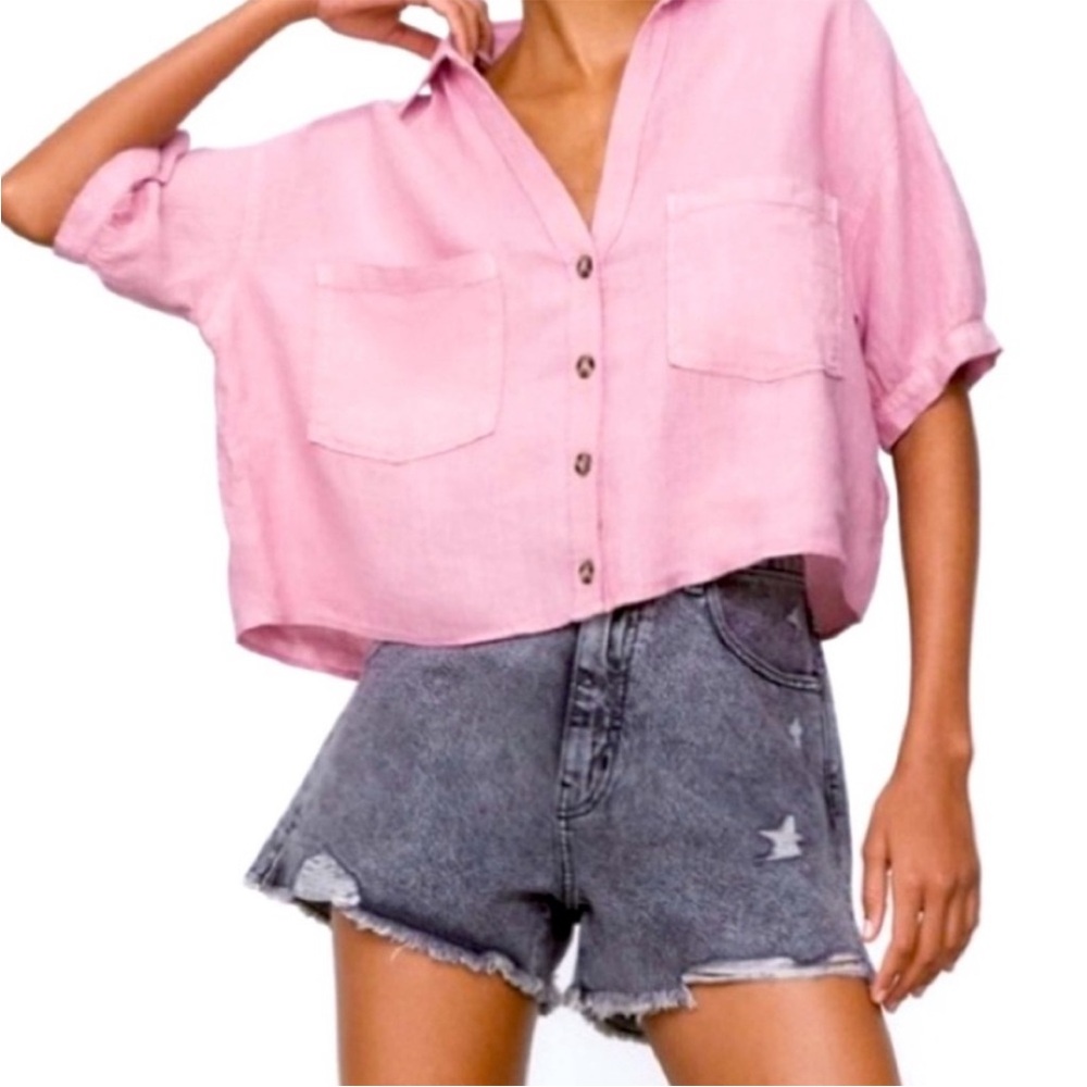 NWT Zara Light Pink Linen Blend Cropped Boxy Button Up Top Size Medium